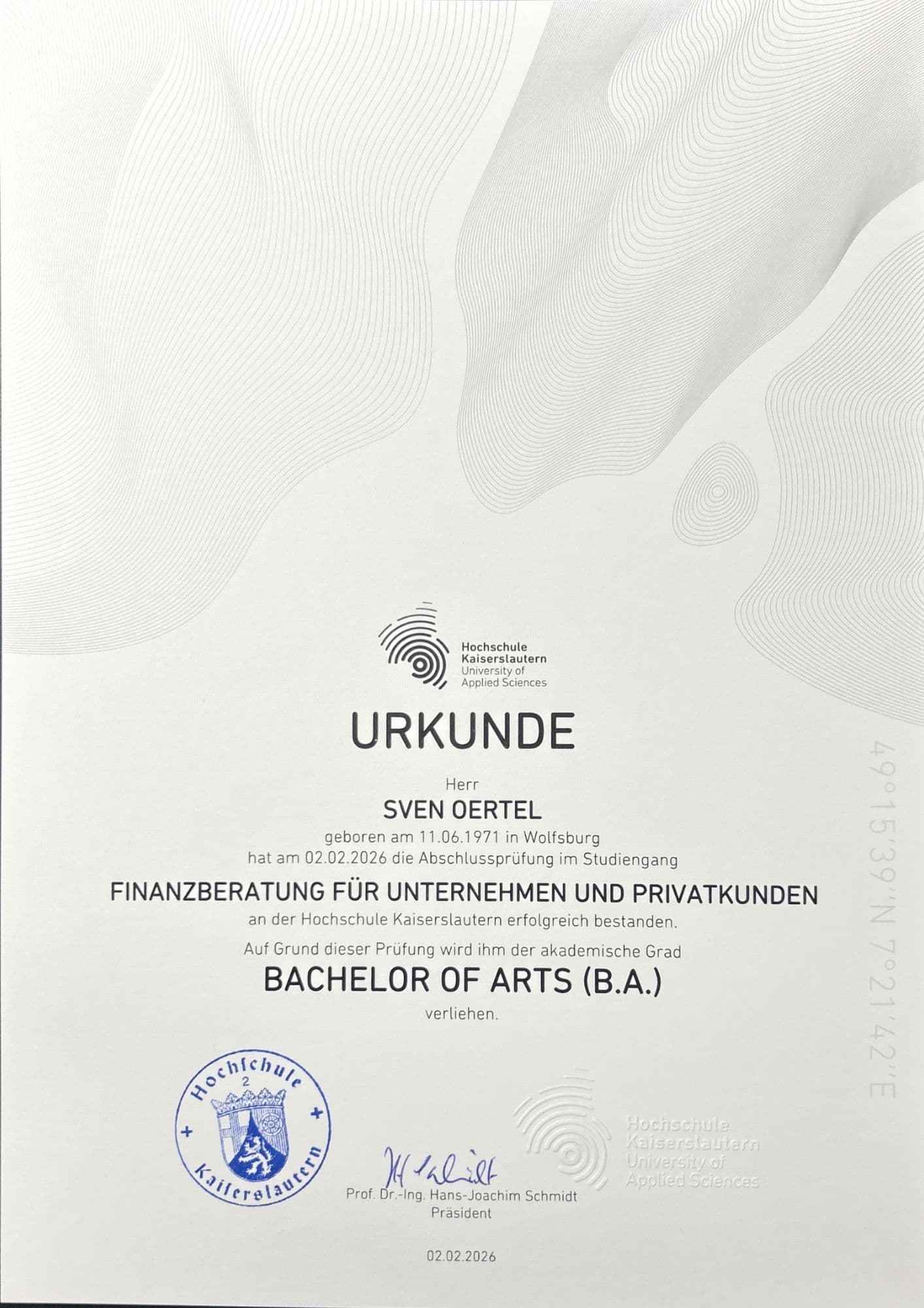 Bachelor-of-Arts-Urkunde Finanzberatung von Sven Oertel