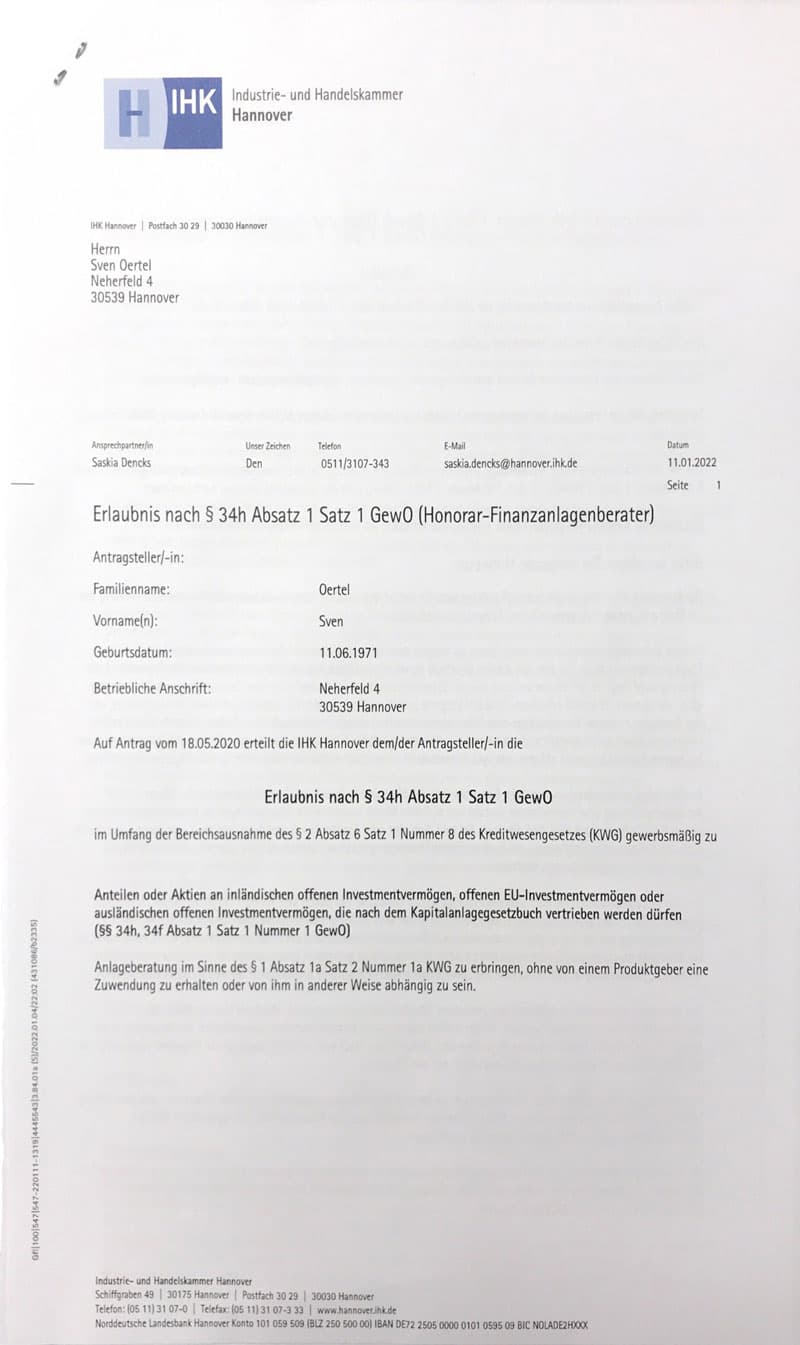 Zulassung als Honorar-Finanzanlagenberater nach § 34h GewO, ausgestellt von der IHK Hannover